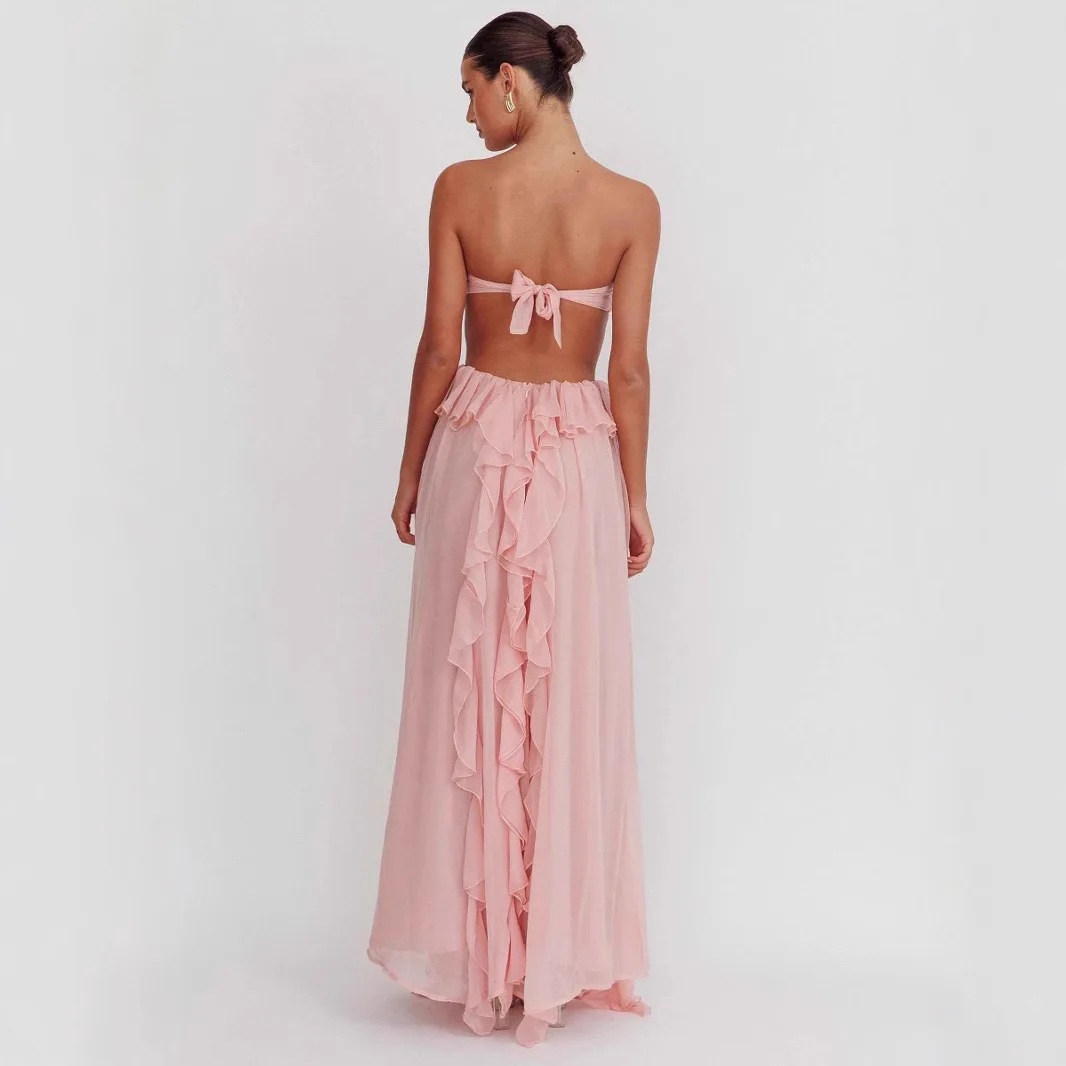 Mode Ruche Zomerjurk voor Vrouwen Sexy Uitgesneden Slanke Vakantie Feestjurken Roze Strapless Backless Party Fairy Jurk 2025