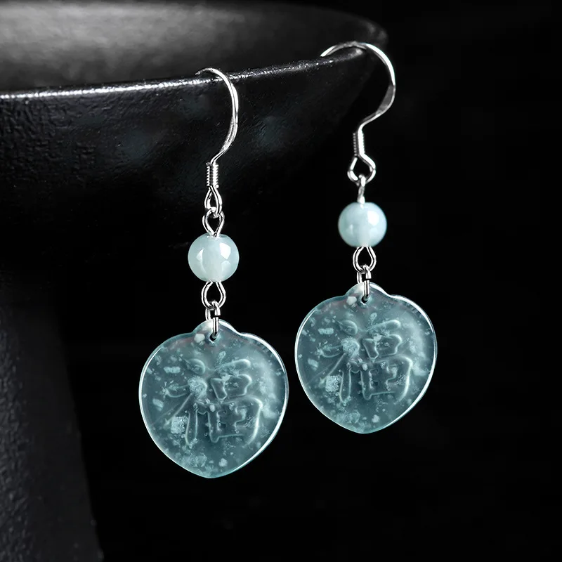 Anting-anting biru Jadeite Fu Burmese batu memikat 925 hadiah jimat perak hadiah giok Myanmar asli untuk wanita perhiasan mewah alami