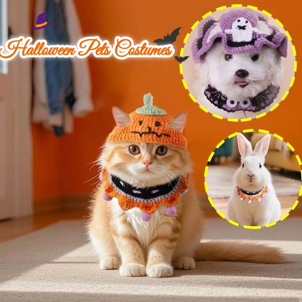 

Breathable Halloween Pets Costumes Pumpkin Clothes Halloween Cat Headgear Fashionable Ghost Cat Woven Hat Bib For Dog Rabbit