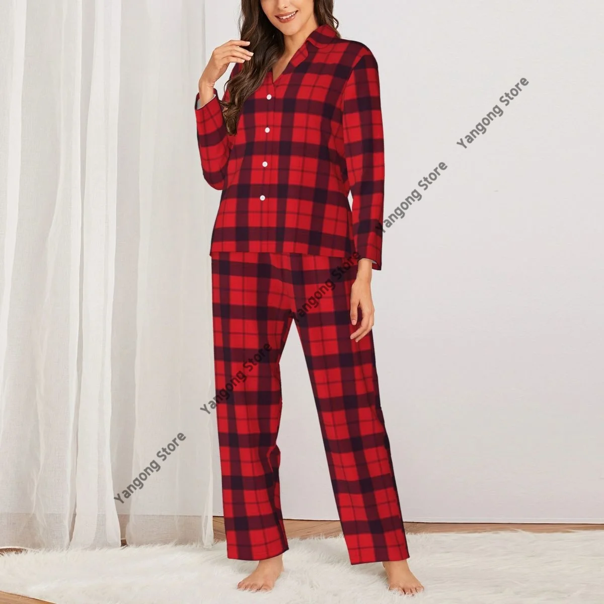 Women\'s Pajamas Long-sleeved Girl Loungewear Two-piece Set Red Black Buffalo Plaid Check Pattern Pajamas for Autumn Spring