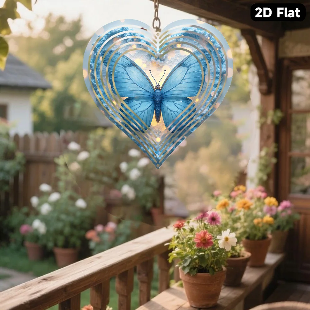 2D Flat Single Piece Metal Wind Chime, Decorative Hanging Ornament, Dreamy Blue Butterfly Magnet - Exquisite Lace Style Wings