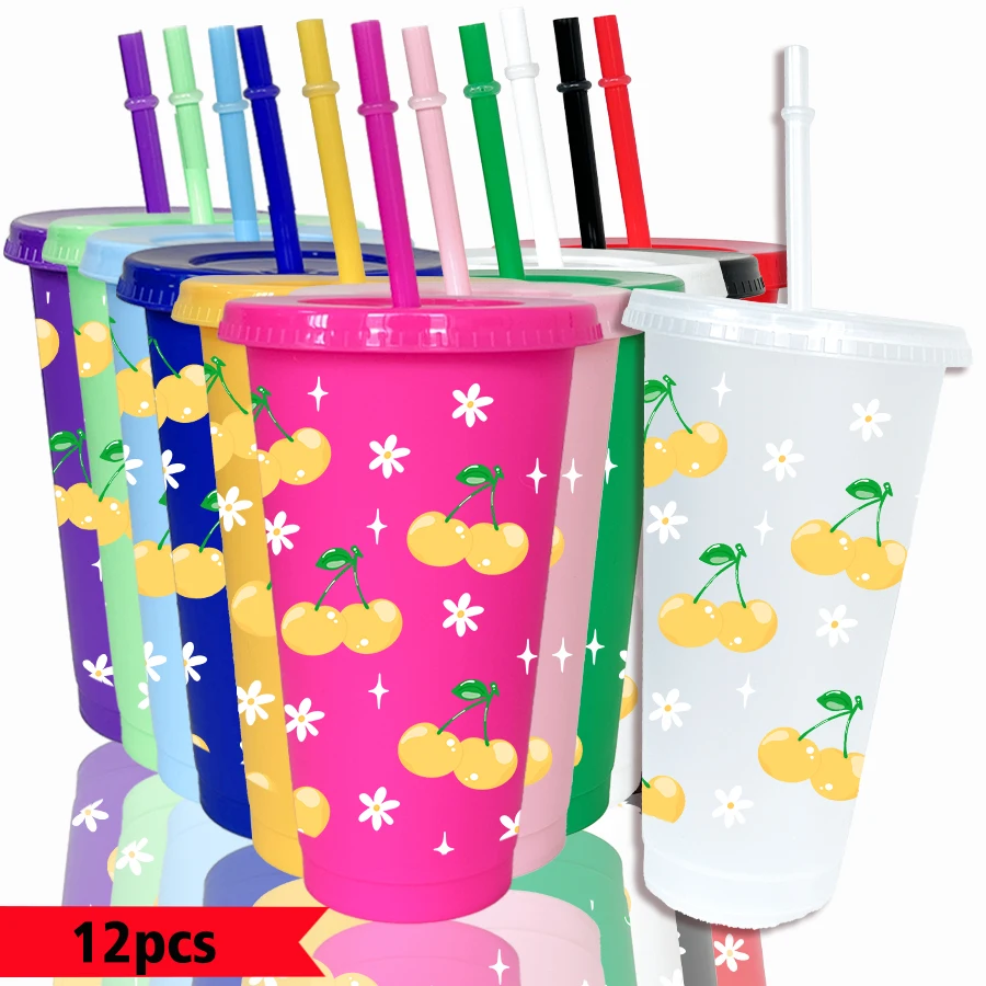 12pcs-set-cherry-flower-pattern-26oz-colored-plastic-party-cold-cup-back-to-school-birthday-gift-gameday-drinkware