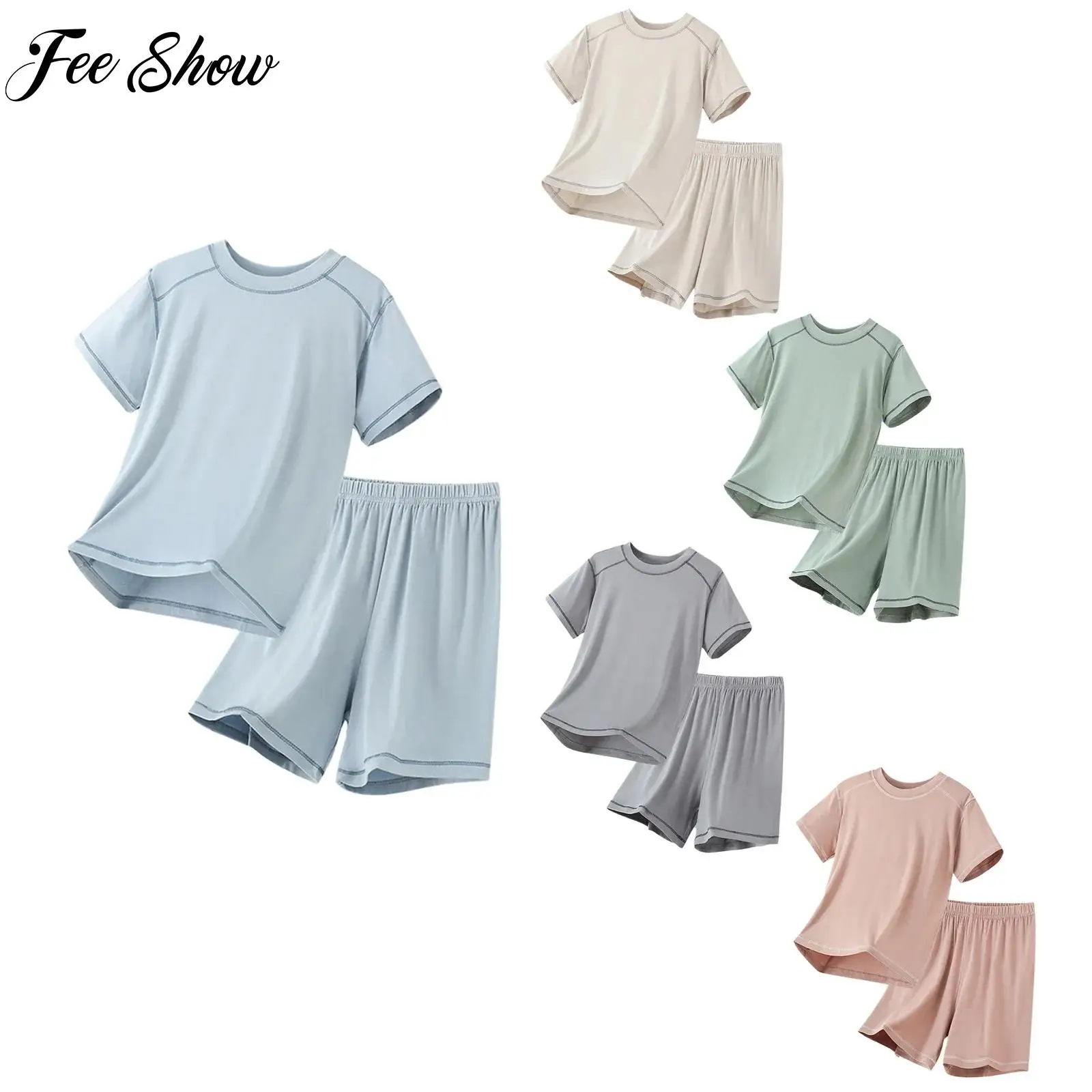 

2025 Kids Boys Girls 2-Piece Pajama Set Sleepwear Homewear Loungewear Short Sleeve Top with Stretchy Shorts Outdoor Active Wear