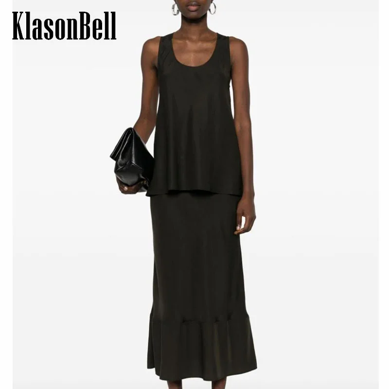 

7.13 KlasonBell Women Temperament Elegant Acetate Silk 2 Piece Set U-Neck Tank Top + Side Zipper Hem Spliced Long Skirt