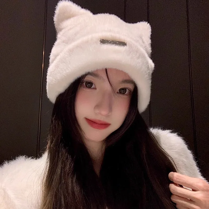 INS Cute Cat Ears Knitted Bonnets Hats for Women Imitation Mink Hair Hat Trend Women Winter Letter Standard Japanese Beanies Cap