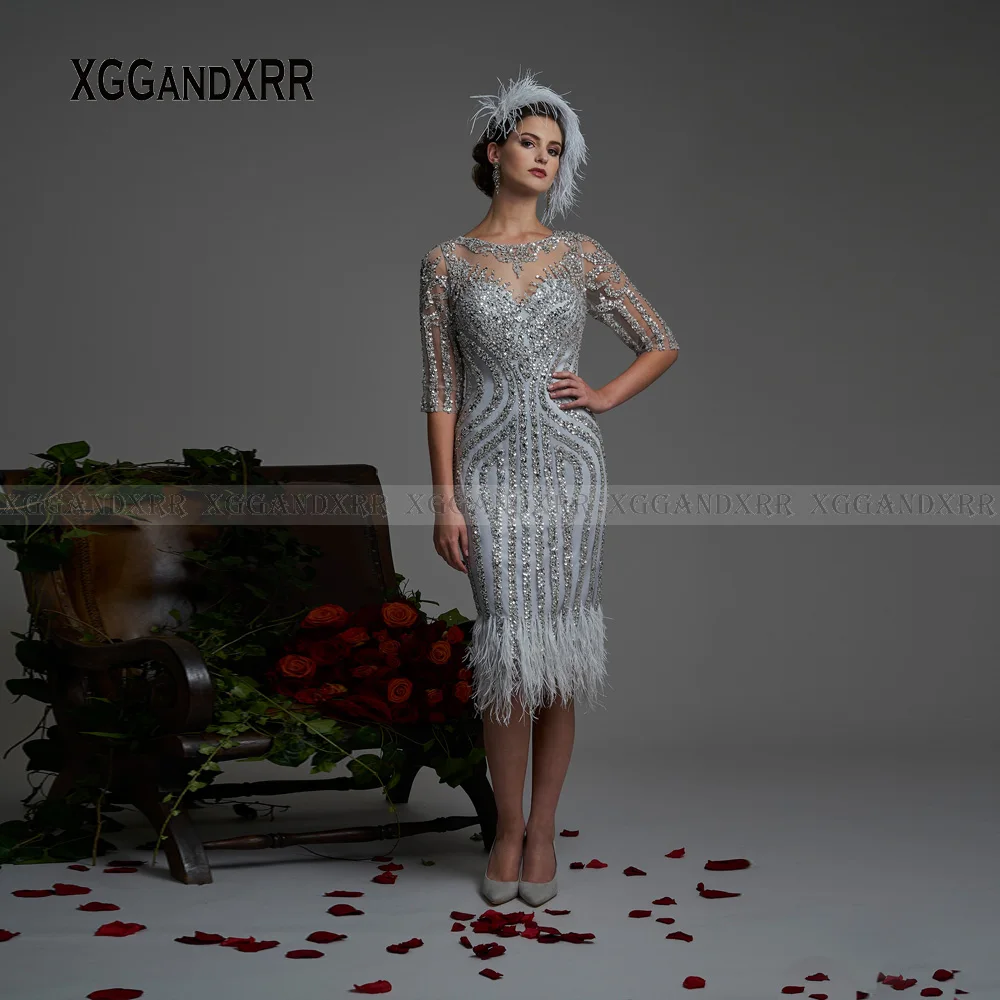 Elegant Mother Of Bride Dress 2022 Luxury Beading Feather O Neck Half Sleeves Formal Evening Party Gown Wedding Guests Wear Gala