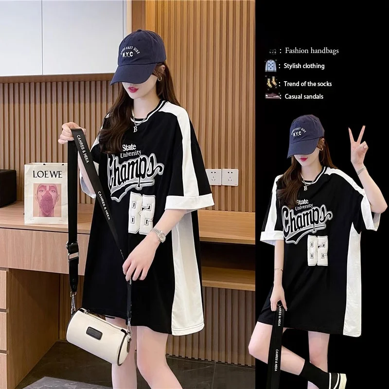 

Loose Versatile Women's T-shirt round Neck Half Sleeve Printed Mid-Length Black White Color Block Summer Cotton Top