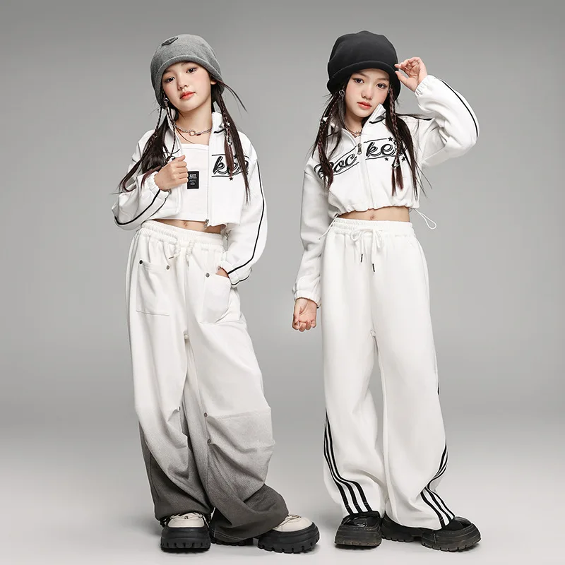 

Jazz Dance Clothes for Girls Hip Hop Costume White Coat Baggy Pants Teenagers Breaking Street Dance Outfits Long Sleeves Suit