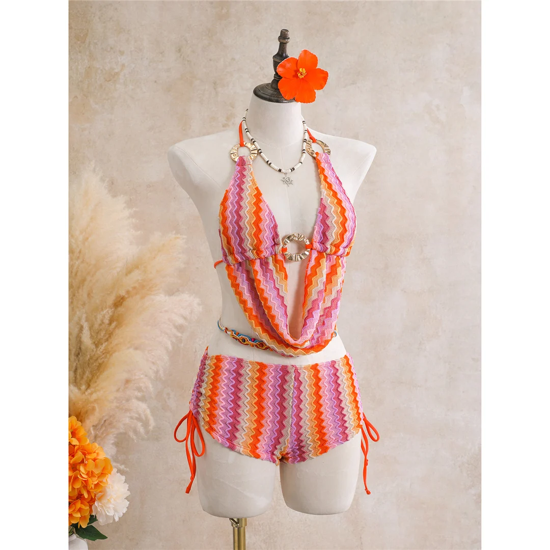 Gestreifter Tankini-Shorts-Bikini, Damen-Badeanzug, zweiteiliges Bikini-Set, gepolsterter Badeanzug, Badebekleidung, Modell V8344. – Detail 6