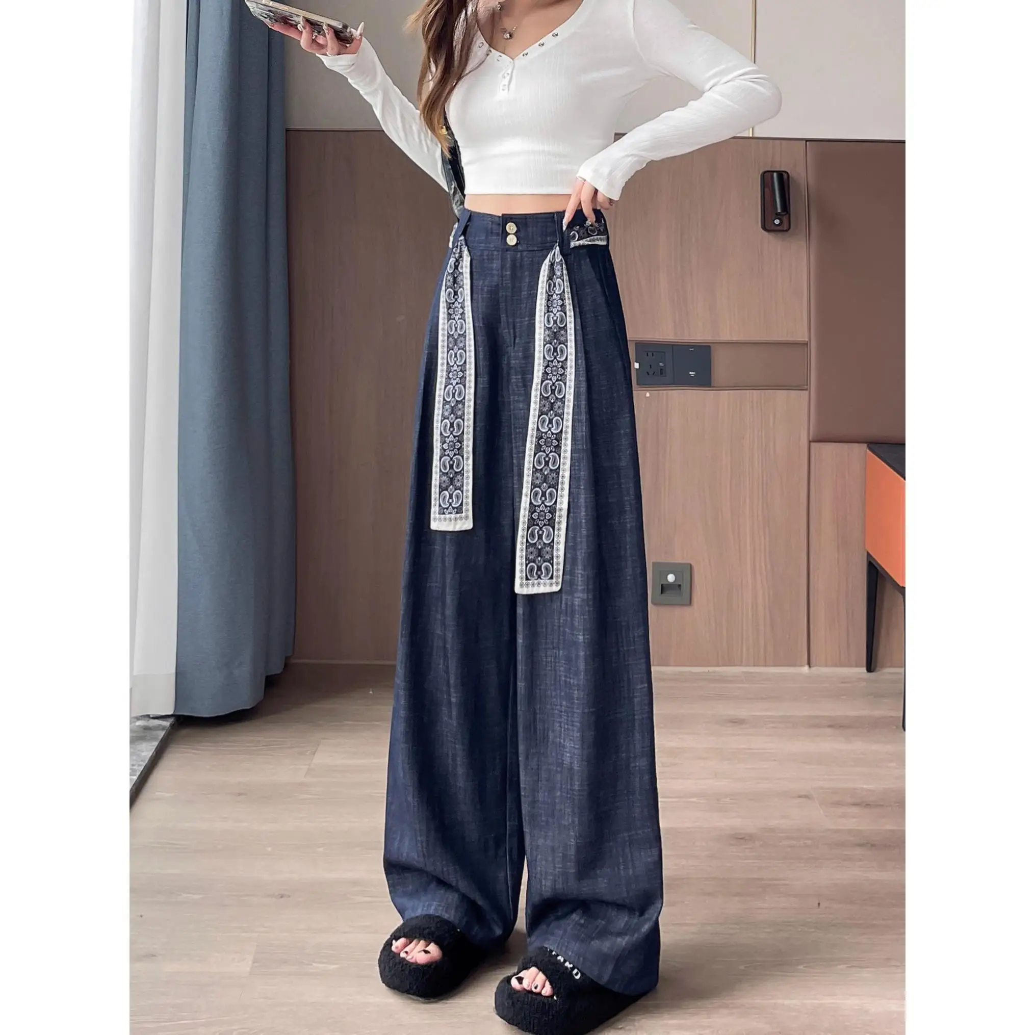 Women Pants Solid Loose Thick Warm Elastic Waist Wide Leg Trousers Female Ladies Sports Autumn Winterwide-leg pants