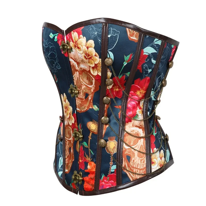 Vintage Gothic Skull Pattern Print Corsets And Bustiers Tops Fashion Printing Waist Training Slim Shaping Body Overbust Corset