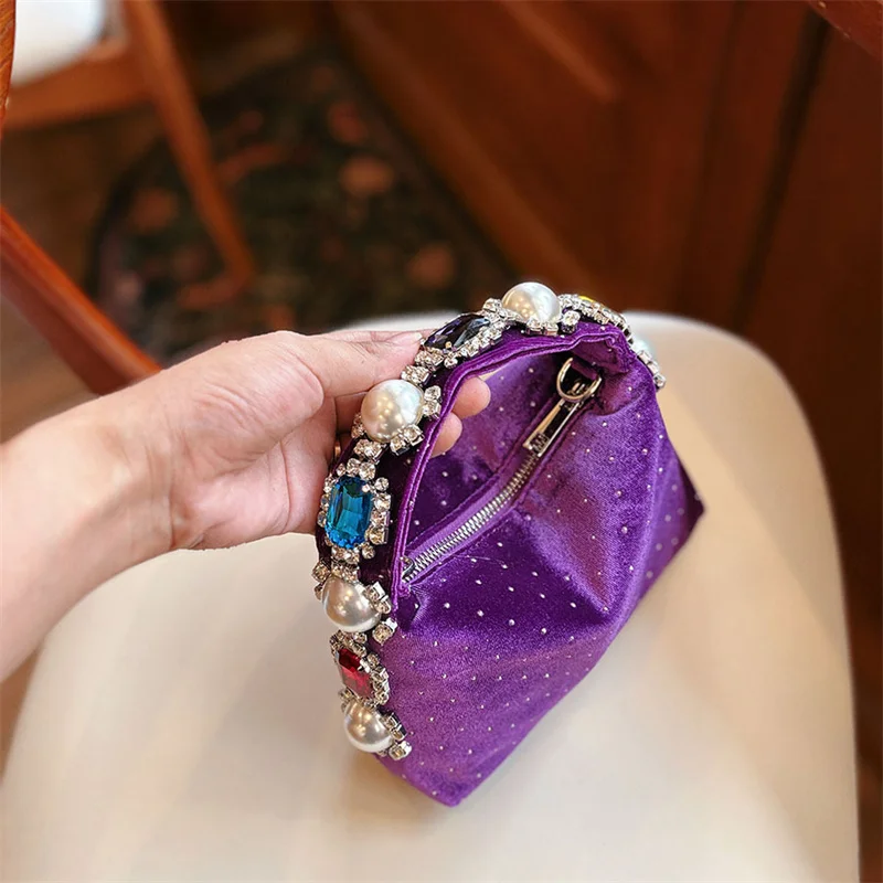 

Luxury Velvet Purple Bag Ladies Vintage Rhinestone Diamond Pearl Handle Evening Bag Retro Velvet Elegant Wedding Party Handbag