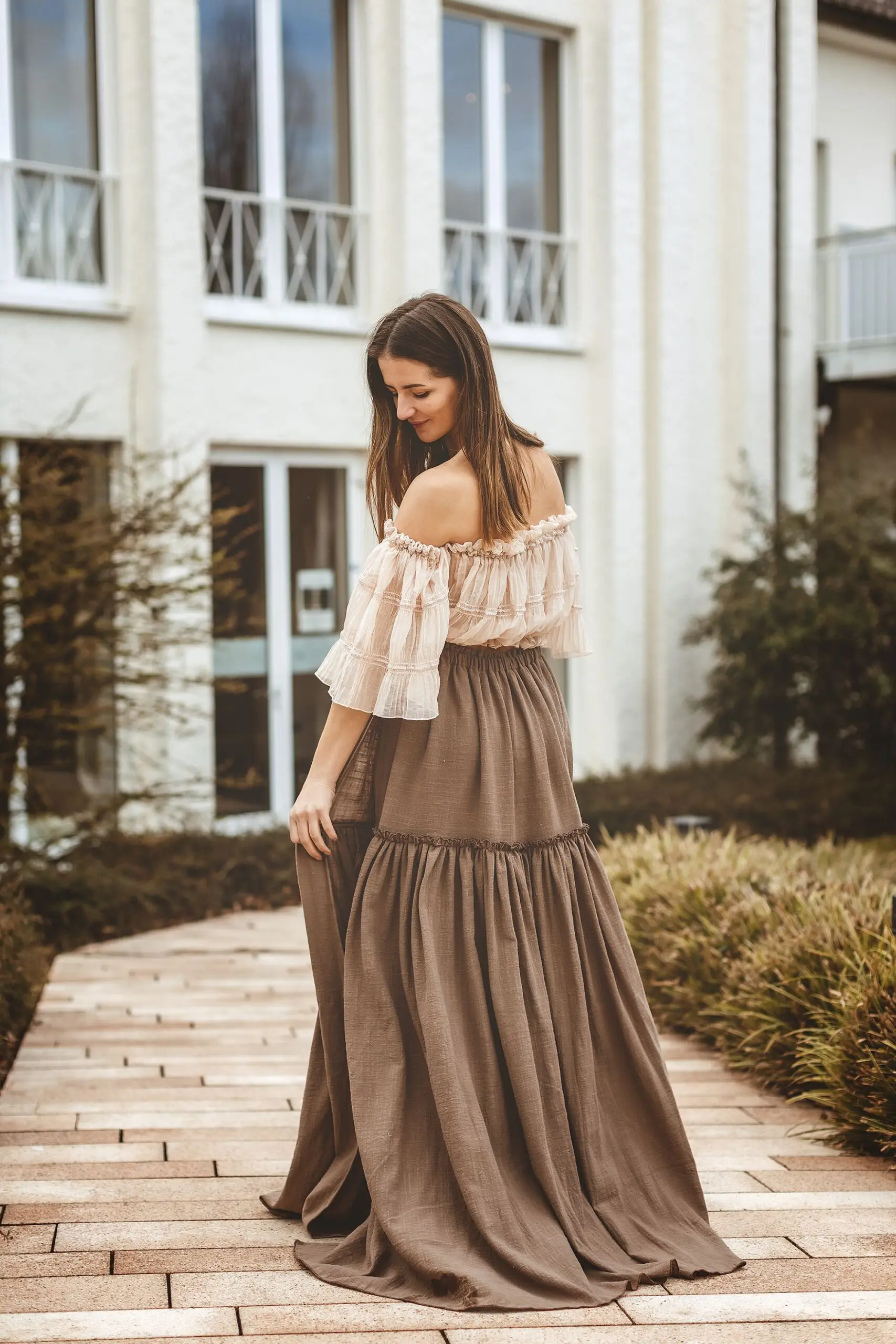 

2 Piece Dress Set For Boho Maternity Photoshoot Maxi Ruffle Baby Shower Rust Plus Gown Off the Shoulder Pregnancy Photo Session