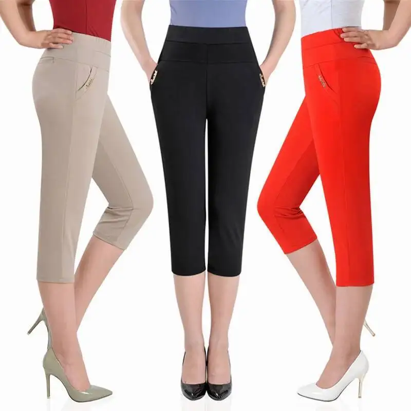 Women Capris High Waist Skinny Pencil Pants 2024 Women's Summer Breeches Casual Stretch Solid Color Calf Length Pants