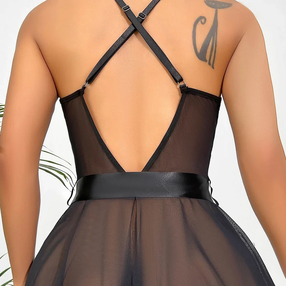 Sexy Women Seductive Lingerie Deep V-Neck Back Hollow Bodysuit Sheer Mesh See Through Jumpsuit Lace Sleeveless Bow Outfits