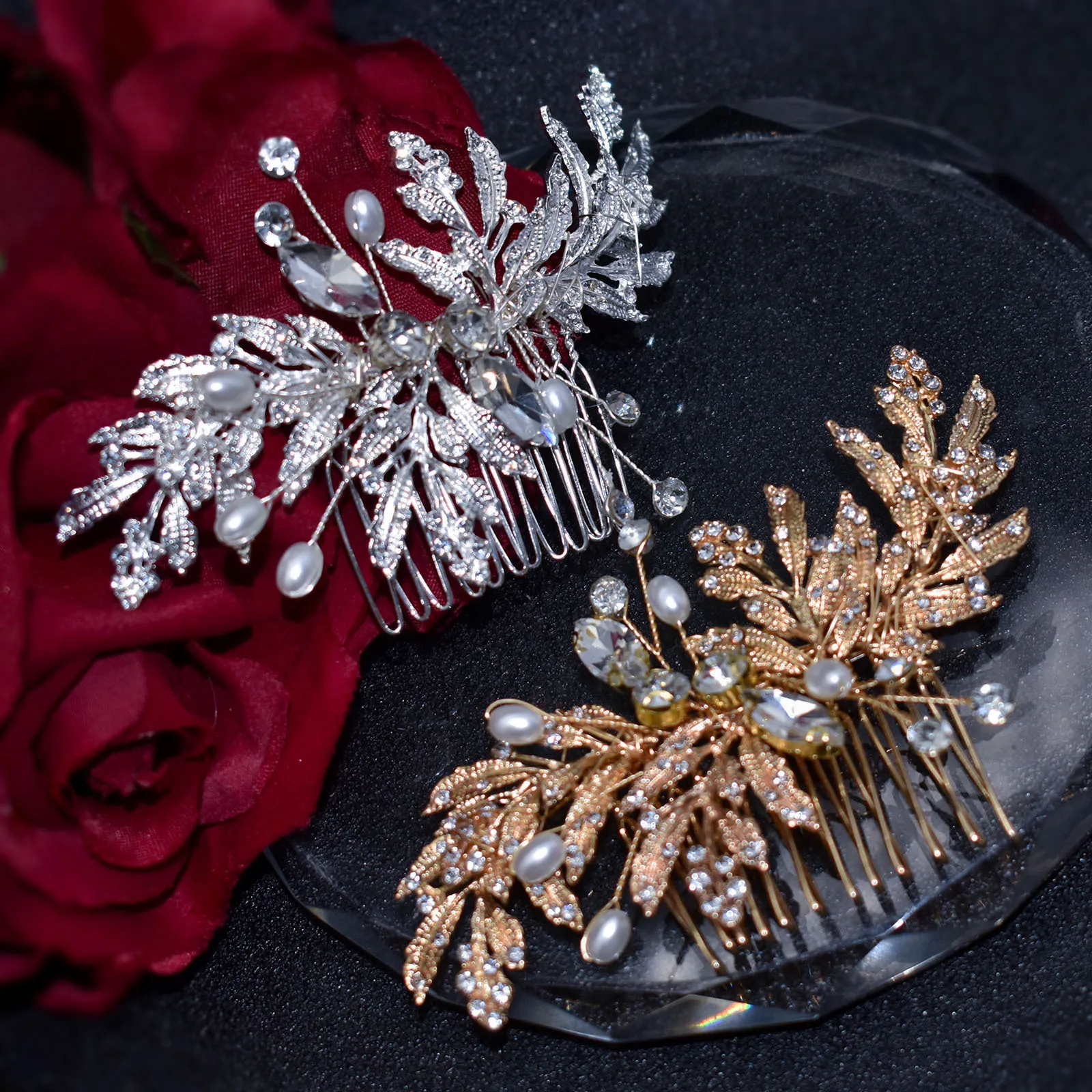 Handmade Gold Silver Color Wedding Hair Accessories Crystal Women Hair Combs Leaves Bridal Headband Head Jewelry