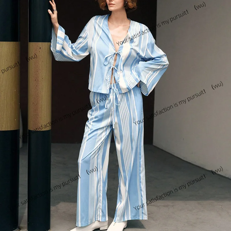 Autumn European and American temperament striped long-sleeved shirt straight trousers set pajamas two-piece set