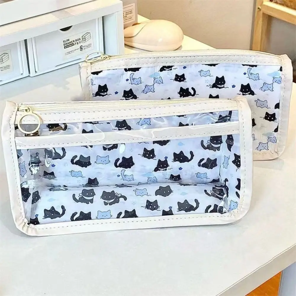 Portable Large Capacity Cute Cat Pen Bag Creative Translucent Triangle Base Pencil Case Stationery Storage Organizer