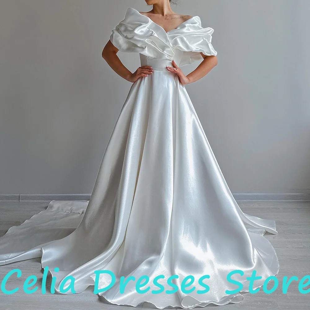 White Off the Shoulder Satin Short Sleeves A-Line Floor Length Pleats Court Train Fashion Classic Celebrity Dress Party Gowns