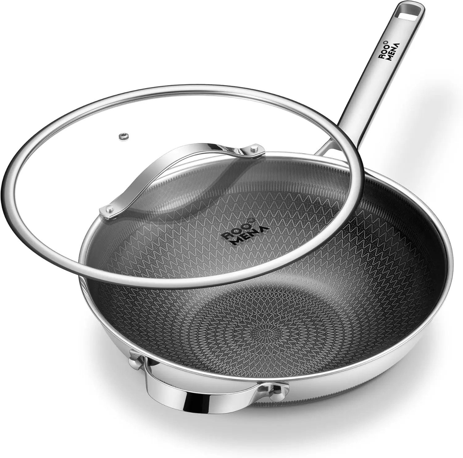 

13-дюймовая гибридная керамическая сковорода-вок с антипригарным покрытием и крышкой, трехслойная нержавеющая сталь, совместима с индукционными плитами, можно мыть в посудомоечной машине