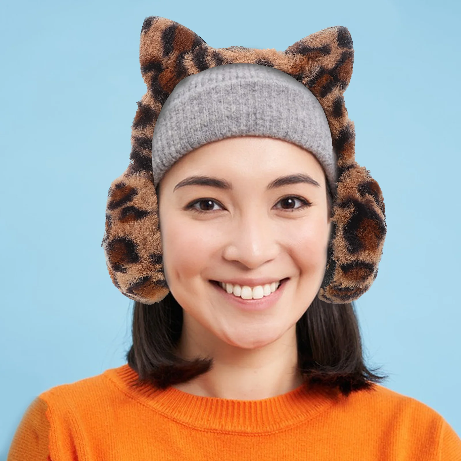 Orejeras de piel sintética con estampado de leopardo para mujer, cubiertas cálidas de felpa para invierno con diseño plegable y lindas orejas de gato para exteriores