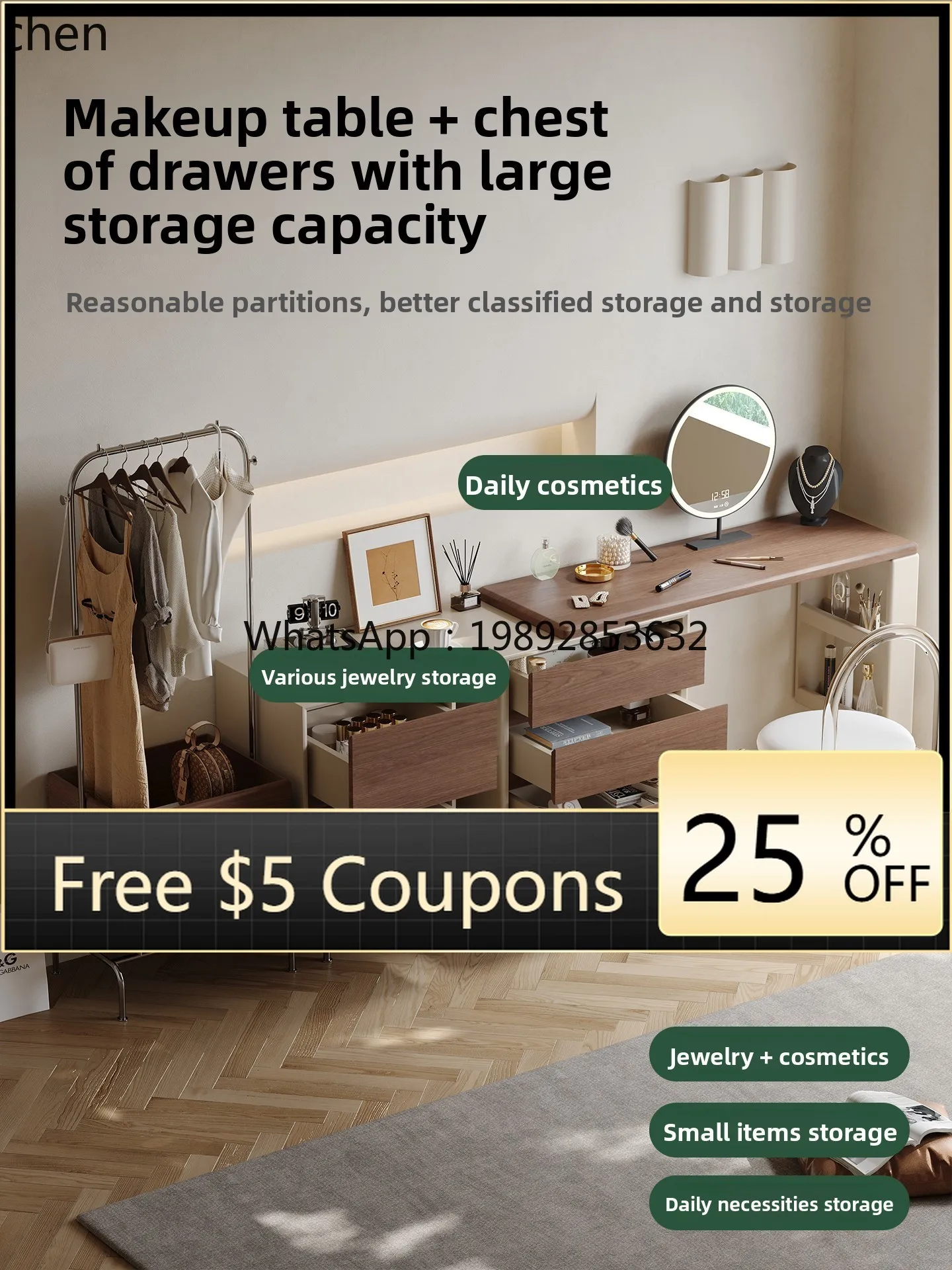 

AB Dressing Table with Chest of Drawers and Coat Rack Integrated Solid Wood Vintage Style Bedroom Small Apartment