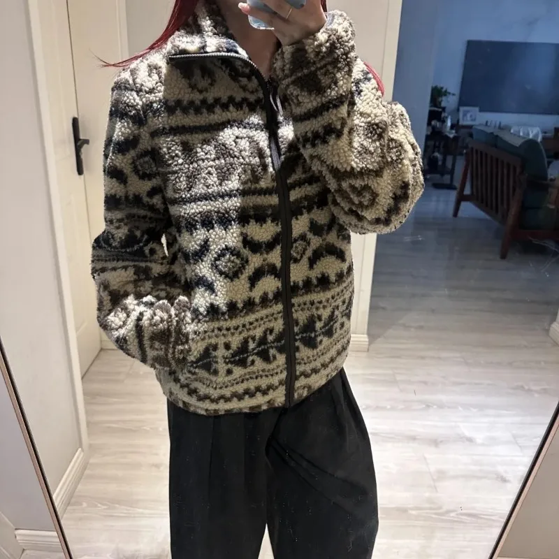 

Fashionable Retro Geometric Graphic Contrast Zipper Long-sleeved Coat for Women Autumn and Winter Cardigan Coat High Collar Top