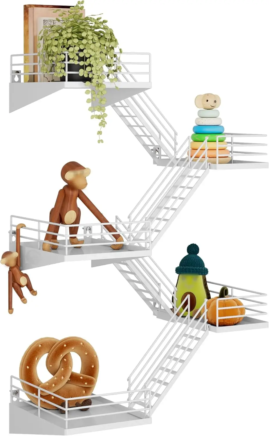 

5-Tier White Metal Fire Escape Wall Shelves with Baskets, Rustic Floating Decorative Display for Home Decor