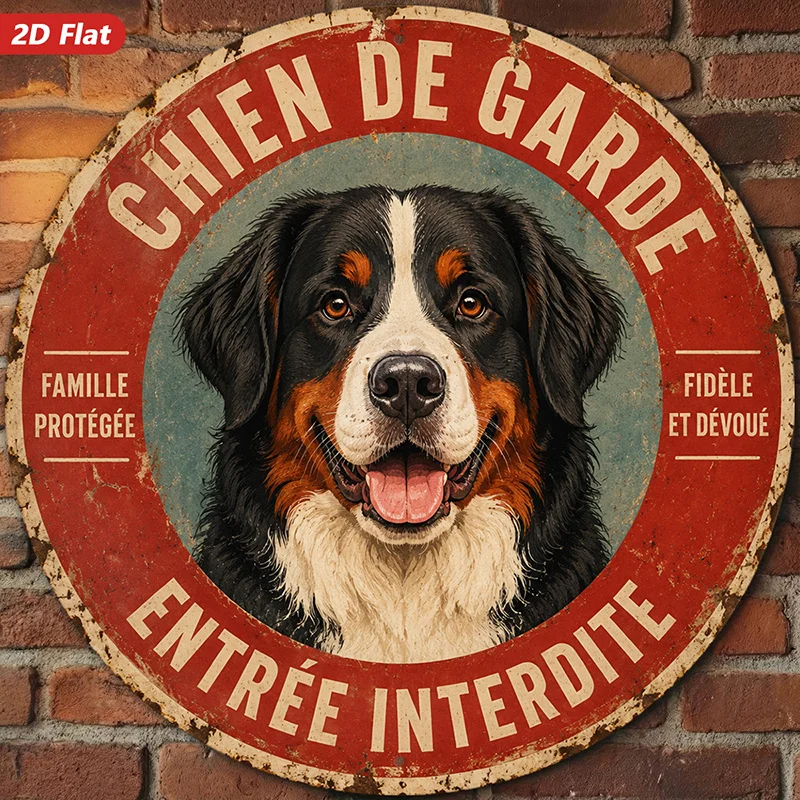 2D Plano, [2D Plano] Impresión 2D Plana, 1 pieza, letrero redondo de metal, retrato de perro de guardia, arte de pared vintage, retrato de perro de montaña de Berna, Chien De G