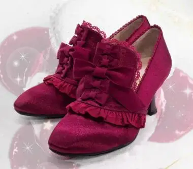 Sweet Ladies Pink Blue Burgundy Silk Butterfly Knot Round Toe Pumps Women Slip On High Heel Lolita Cosplay Shoes Size 42 image 3