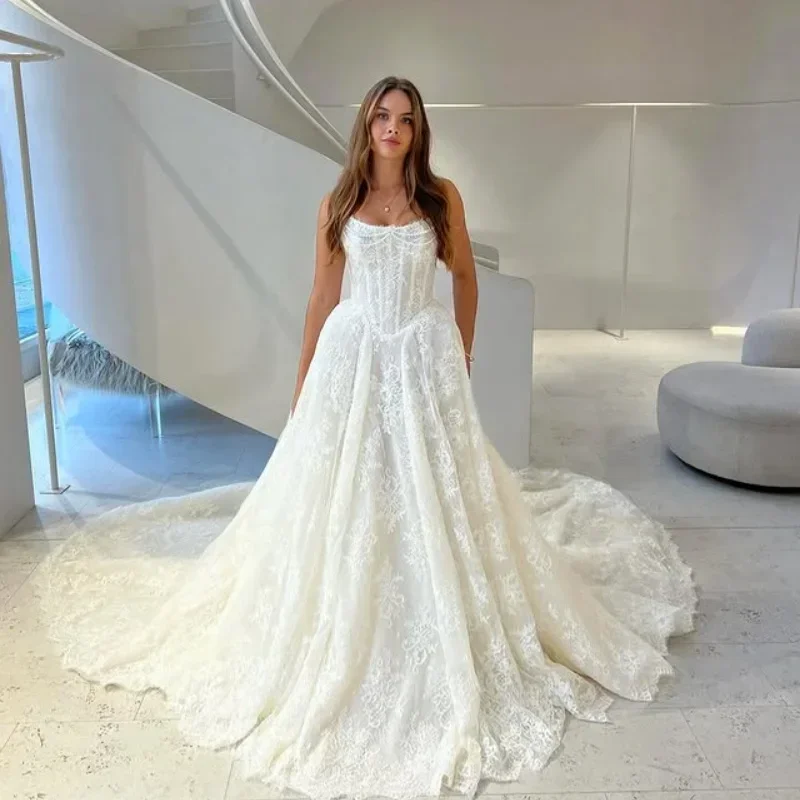 Vestido De Novia De marfil personalizado, apliques De encaje, corsé con forma De corazón, vestido De Novia De cola larga, Vestidos De Novia