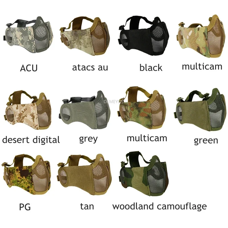 Máscara de malha de rede de aço de metal tático caça meia face máscaras de proteção de ouvido máscara de proteção de camuflagem