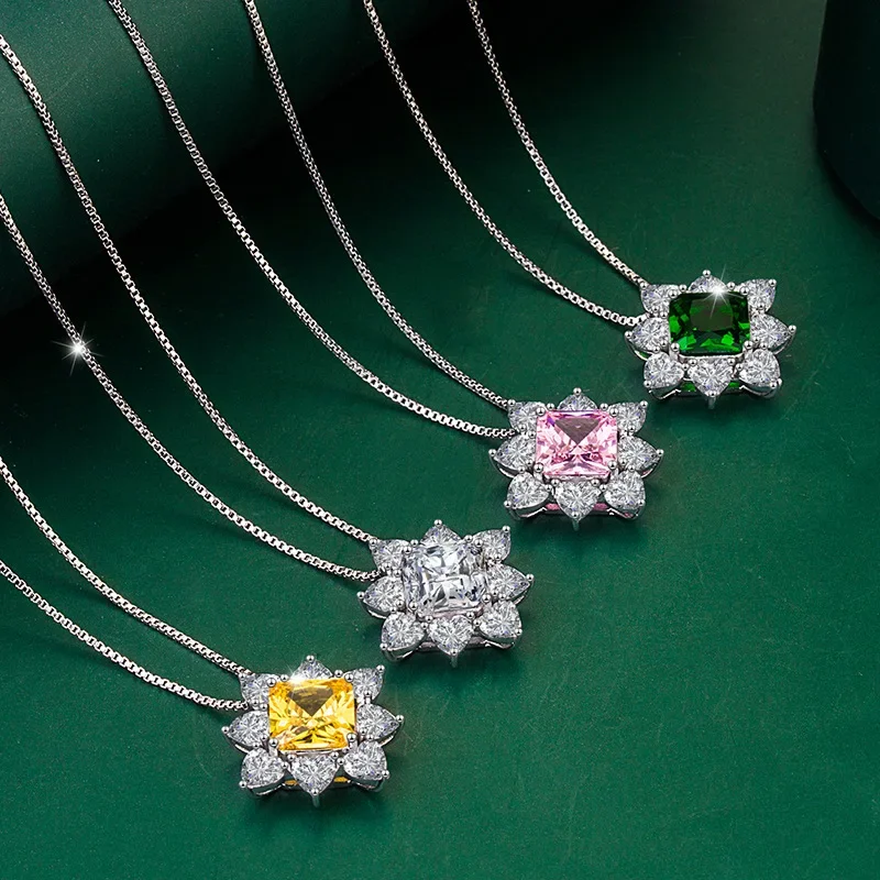 

New fashionable mozzarella diamonds slightly inlaid with zirconium sunflower pendant, simple emerald square diamond necklace.