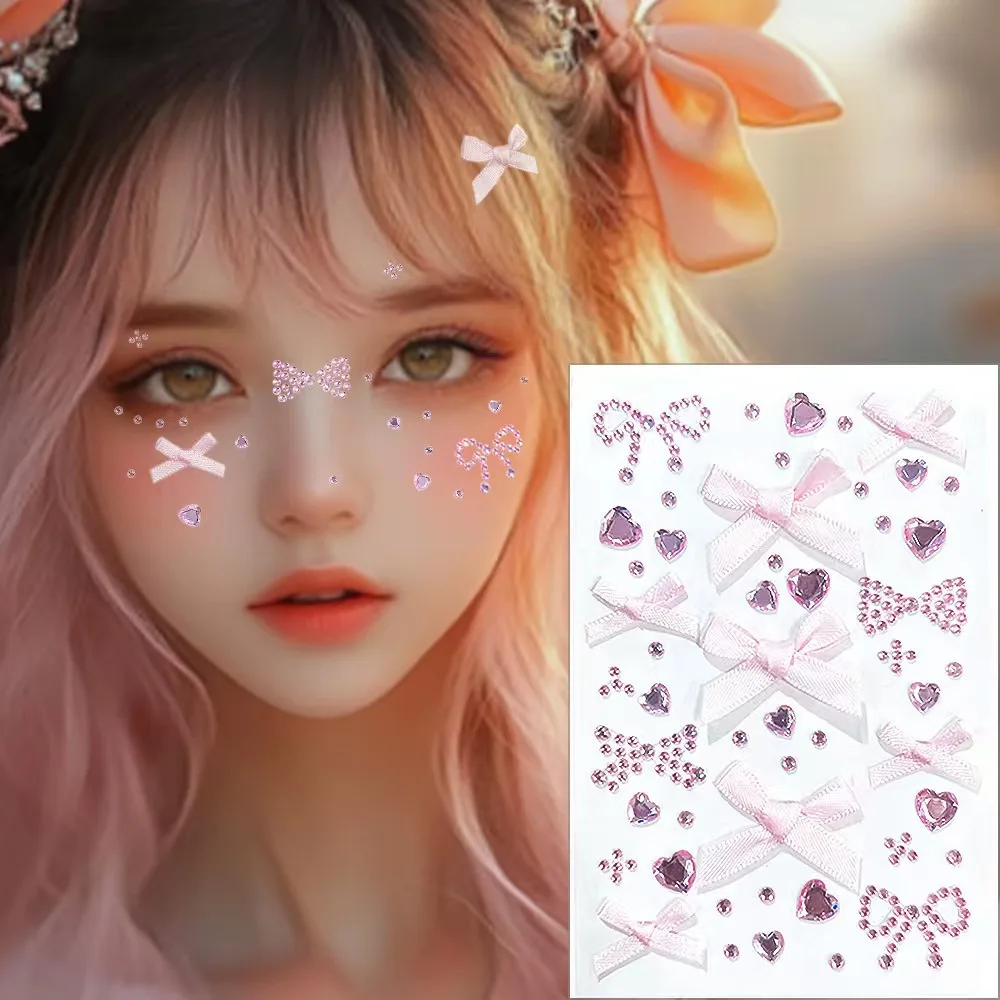 Heart Bow Rhinestone Stickers Pink Girly 3D for Card Packaging DIY Makeup Decoration Self Adhesive Craft Supply