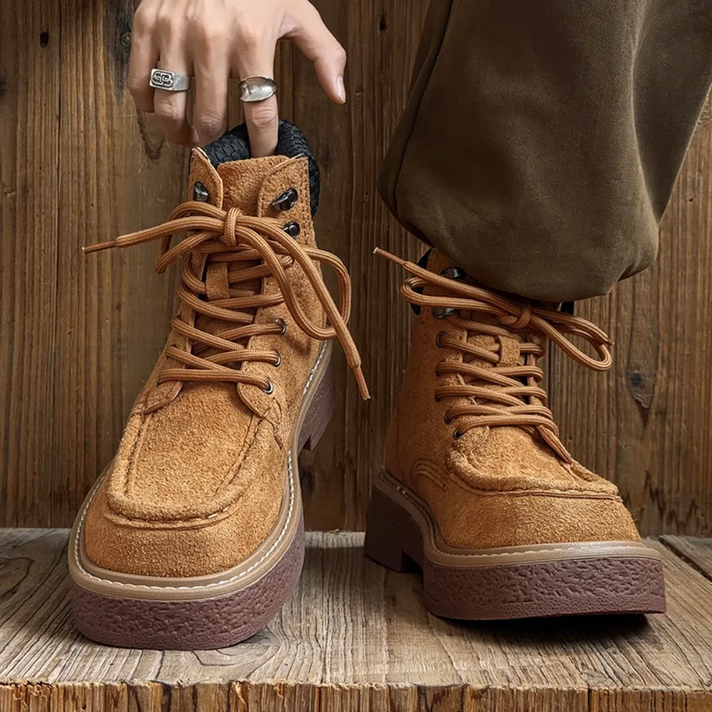 Botas de canguro para hombre, zapatos informales para exteriores, mocasines con aumento de altura, botas de desierto con suela de pegamento de humo mejorado de cuero genuino