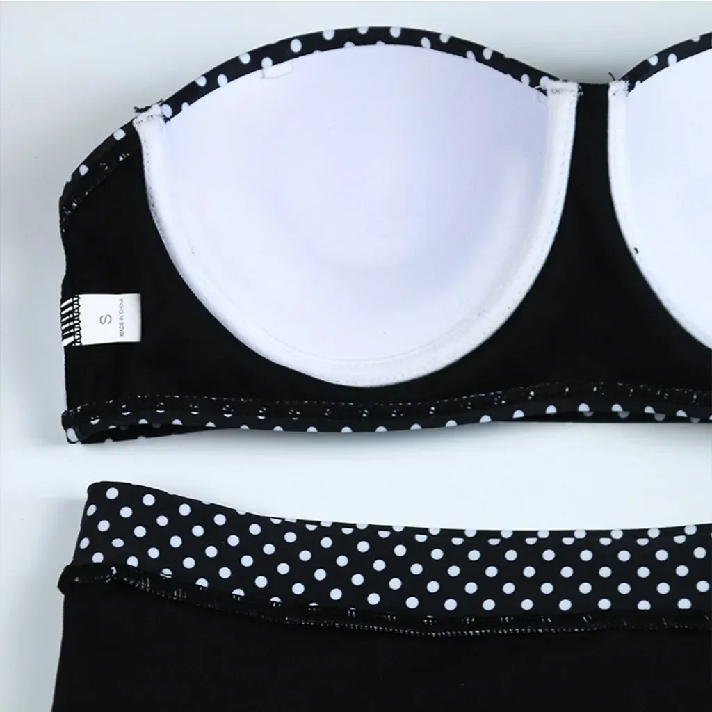 Womens Polka Dot Printing Bikini Set Sling Steel Support Padded Lace Border Push Up Swimwear High Waist Thong Swimsuit 2024