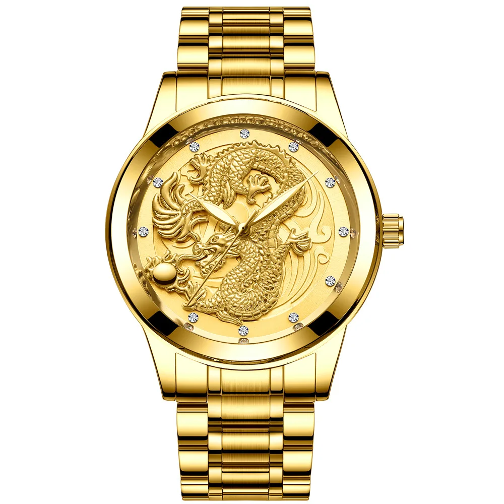 Top Brand Watch Men\'s Waterproof Luminous Gold Quartz Ultra Thin Stainless Steel Dragon Pattern Sports Watch Relogio Masculino