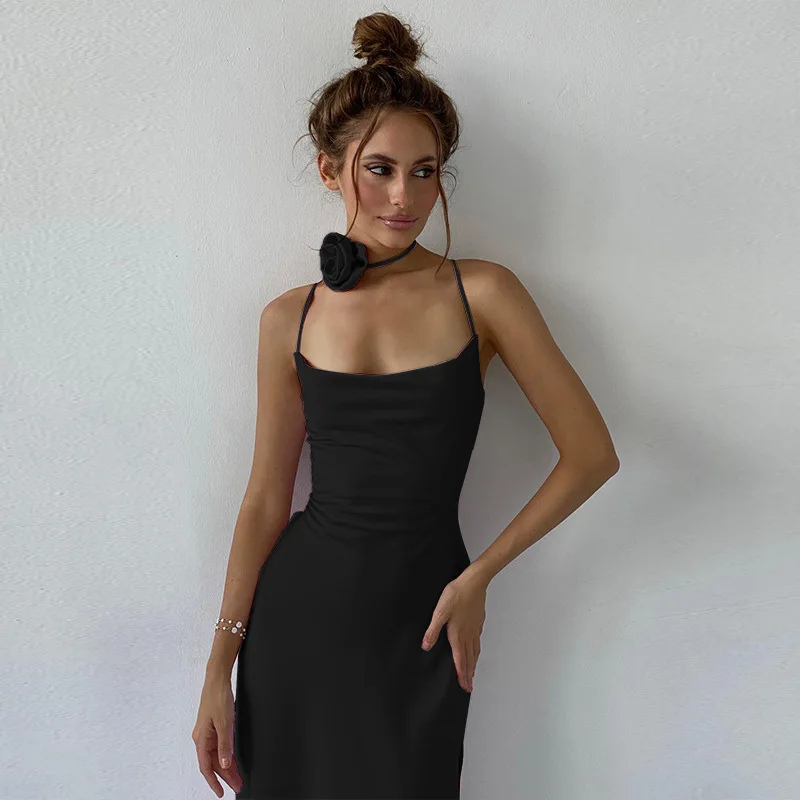 

Elegant High Split Long Dress Women Flower Halter Backless Maxi Dress For Women Gown Summer Spaghetti Strap Sleeveless Dresses