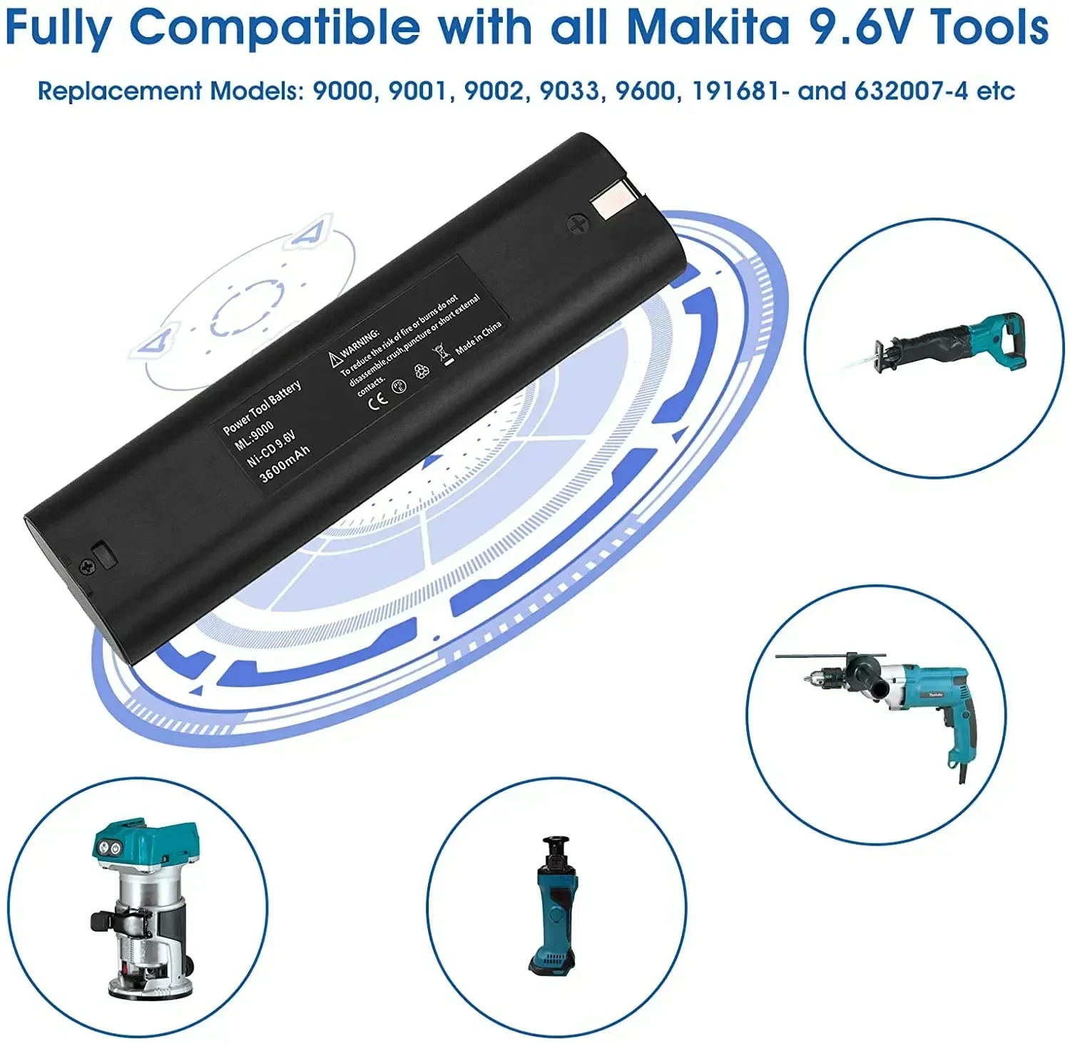 9.6V 3600mAh Ni-MH Rechargeable Replacement Battery for Makita Mak 6095D 9000 9001 9002 9033 9034 632007-4 9600 193890-9 5090D