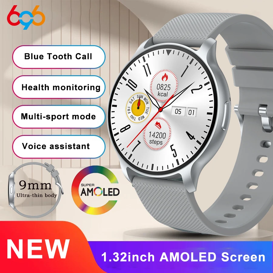 

Ультратонкие смарт-часы с AMOLED-экраном 1,32 дюйма для мужчин и женщин, с функцией звонков по Bluetooth, воспроизведением музыки, отслеживанием здоровья, спортивные, с прогнозом погоды