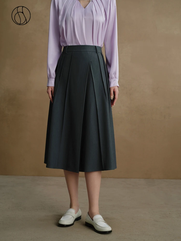 DUSHU Office Lady Temperament Dark Grey A-LINE Skirts High Waist Zipper Waist Mid-Calf Pleated FemaleLong Asymmetrical Skirt