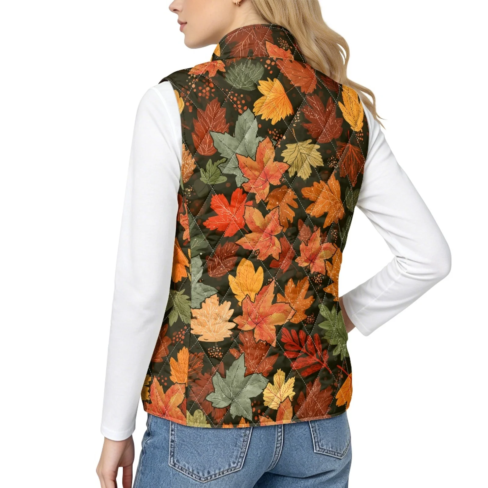 PENSTROLL Maple Leaf Theme Women's Quilted Jacket Vest Quilted Gilet Ladies with Pockets Women's Quilted Vest for Winter Casual