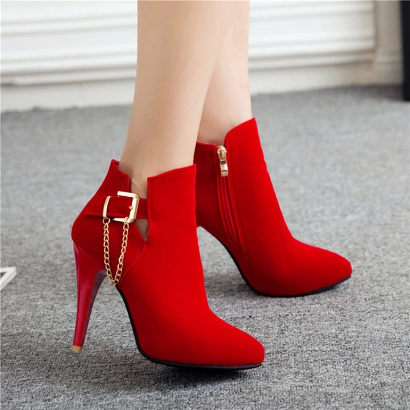 REAVE CAT 2024 Ankle Boots Pointed Toe Thin Heels Flock Buckle Big Size 30-50 Black Blue Red S2677