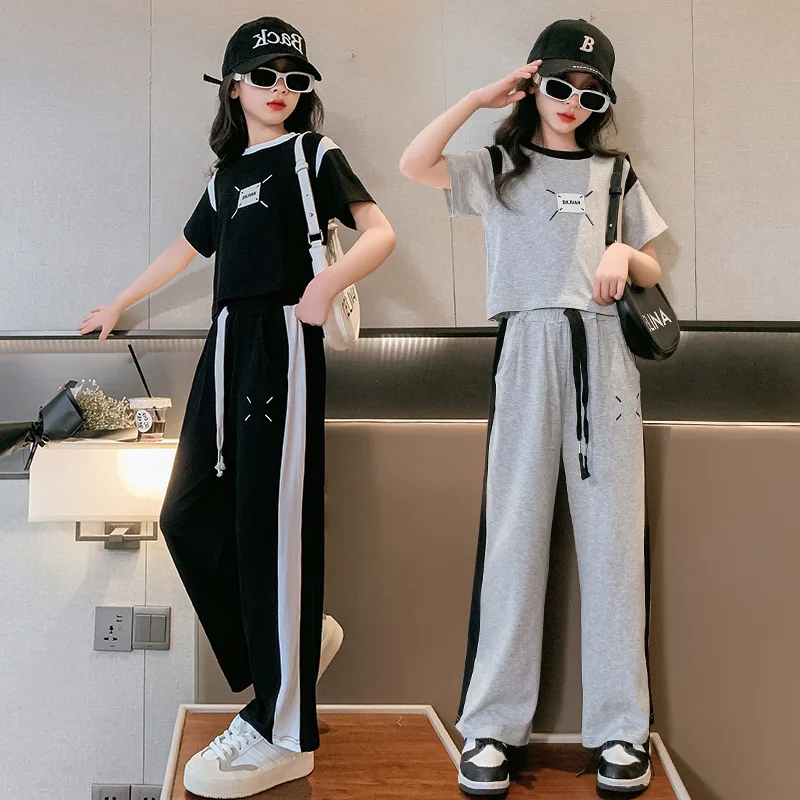 

Summer Children Girls Clothes Set Fashion Short Sleeve T-shirts and Side Stripe Pants Suit Teenage Top Wide Leg Bottom Outfits