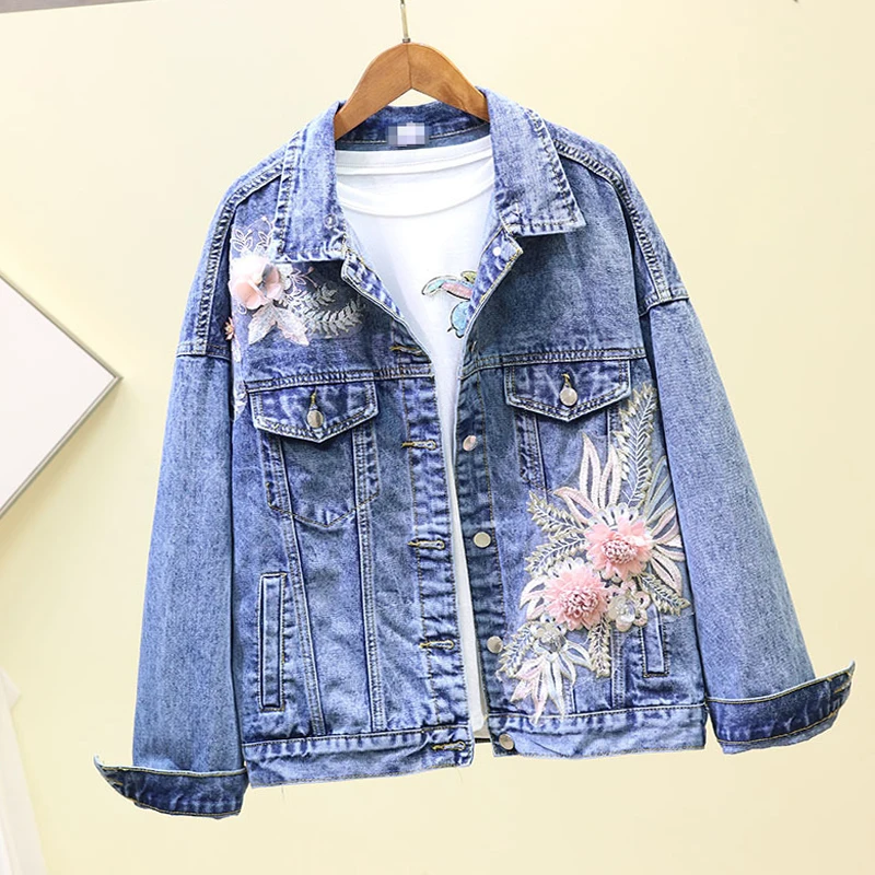 Pop Autumn Denim Jacket Women Loose Heavy Industry Three-dimensional Flowers Jeans Jacket Basic Coats Streetwear Women's Jackets