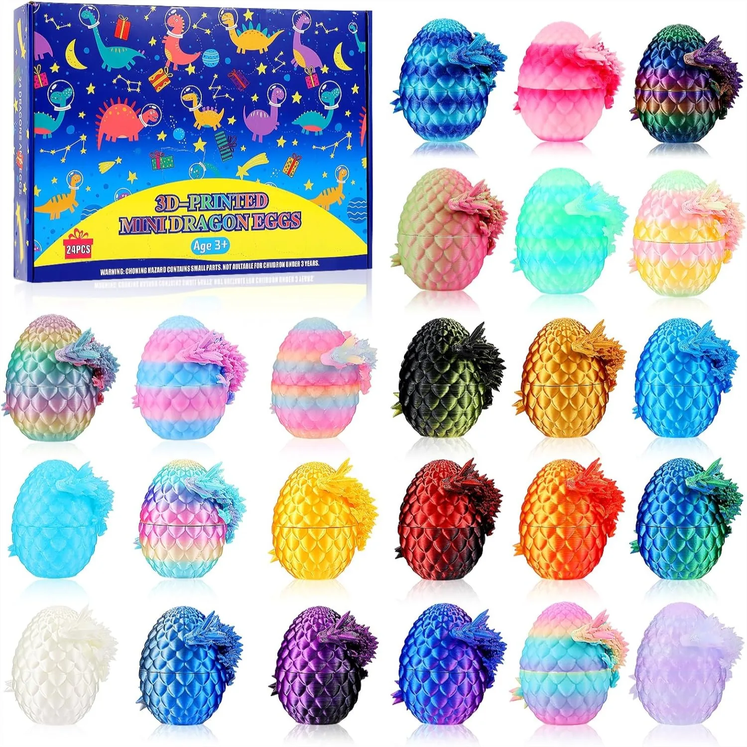 

24 Pack 3D Printed Dragon Eggs with Dragon Inside, Prefilled Easter Eggs for Basket Stuffers, Animal Toy Party Favors for Kids