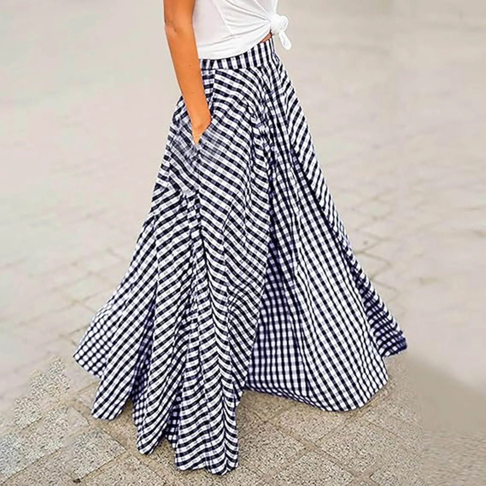 2024 Women's Vintage Plaid Check Long Skirt Pleated Bohemian Femme Casual Pockets Large Hem Ruffles Party Club Maxi Skirts