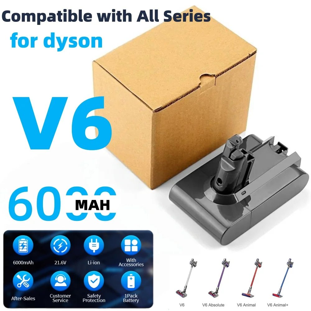 

6000mAh Battery Replacement Compatible for Dyson V6 Animal/Absolute/Fluffy SV04 DC62 DC58 DC59 DC61 595 650 770 Vacuum Cleaner.