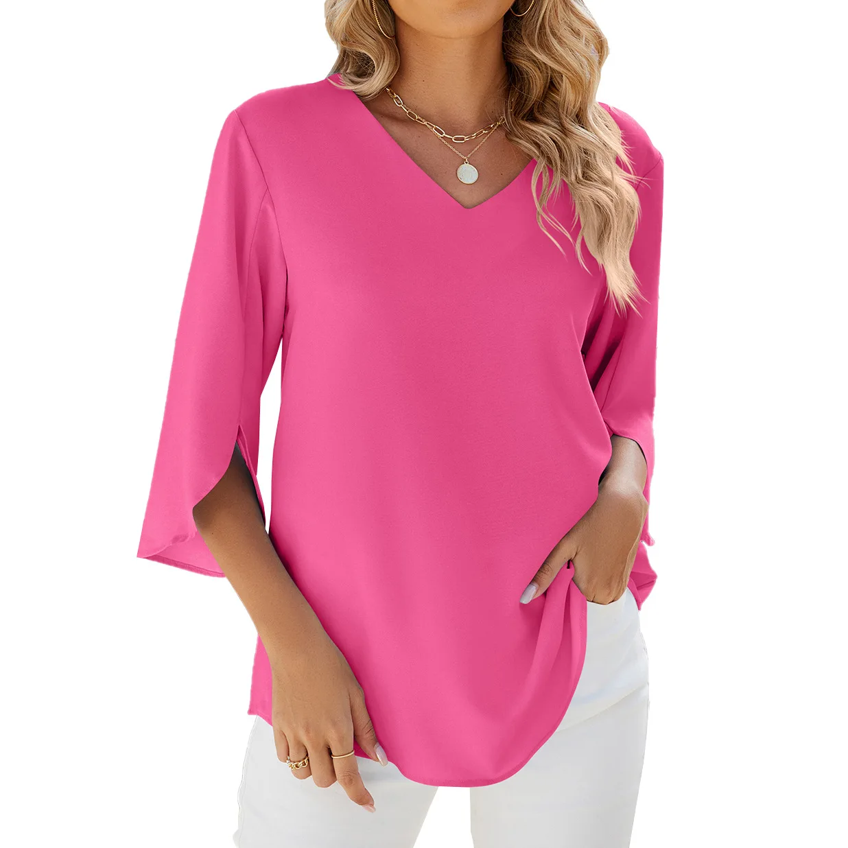 2025 European and American Summer New V-neck Ice Silk Solid Color Loose Casual T-shirt