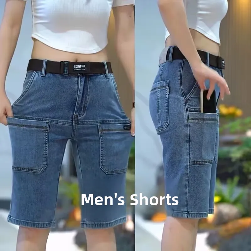 

Облегающие мужские эластичные джинсовые джинсы-капри, летние модные износостойкие свободные повседневные брюки со средней талией на молнии из смеси хлопка